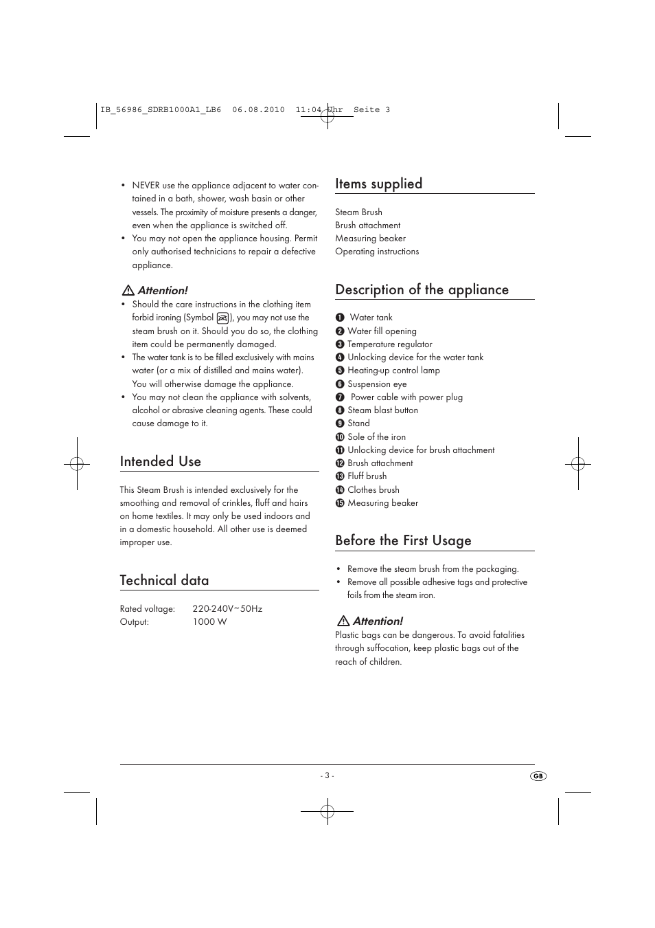 Intended use, Technical data, Items supplied | Description of the appliance, Before the first usage | Silvercrest SDRB 1000 A16 User Manual | Page 5 / 10