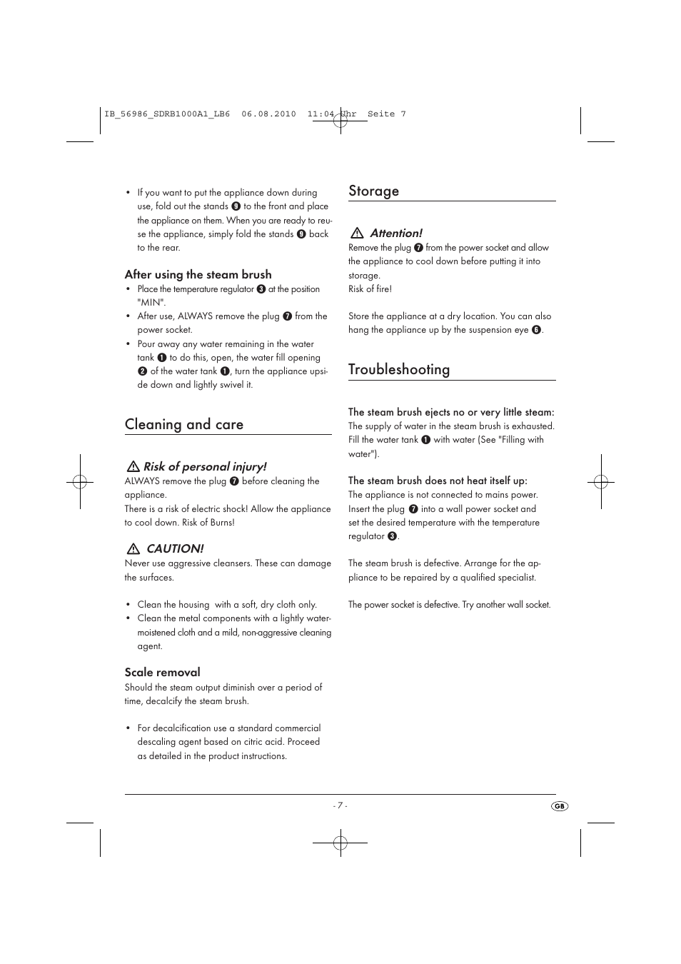 Cleaning and care, Storage, Troubleshooting | Silvercrest SDRB 1000 A16 User Manual | Page 9 / 10