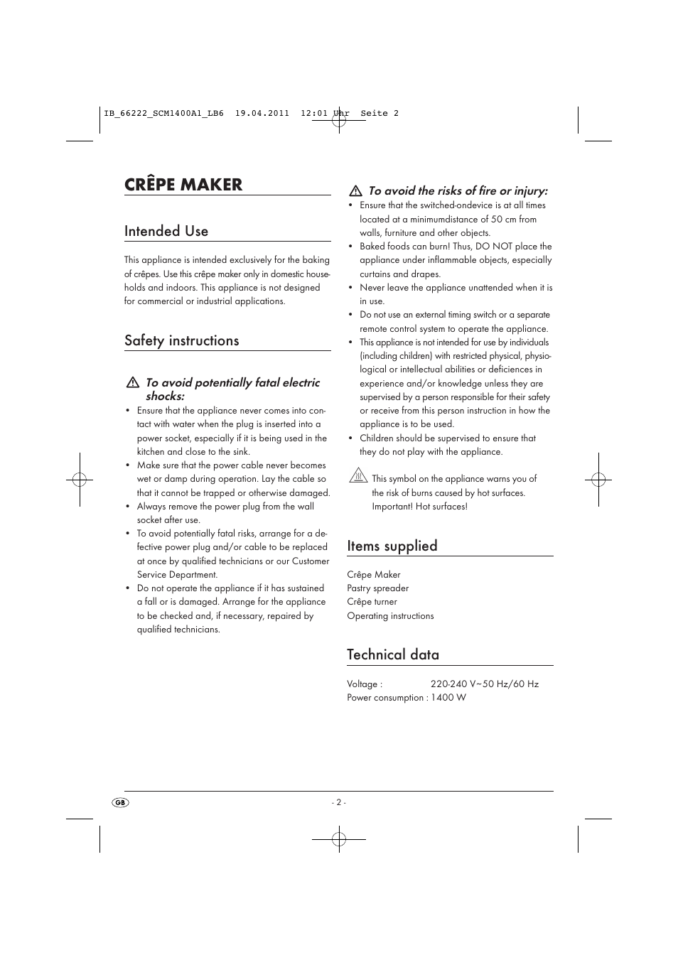 Crêpe maker, Intended use, Safety instructions | Items supplied, Technical data | Silvercrest SCM 1400 A1 User Manual | Page 4 / 9
