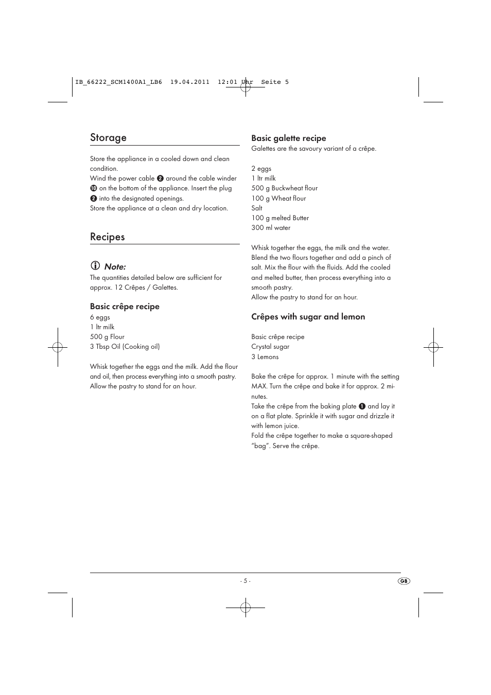 Storage, Recipes | Silvercrest SCM 1400 A1 User Manual | Page 7 / 9