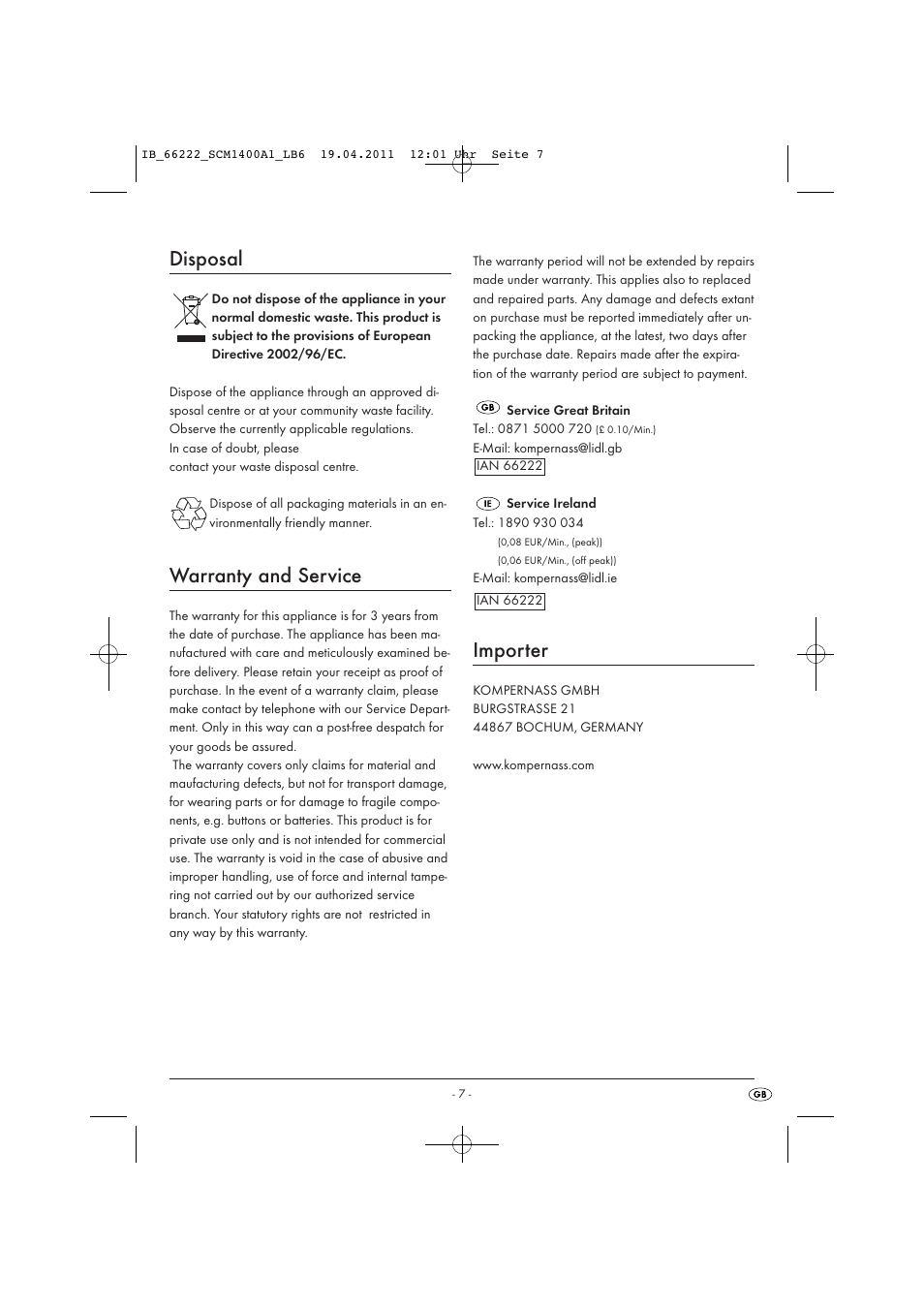 Disposal, Warranty and service, Importer | Silvercrest SCM 1400 A1 User Manual | Page 9 / 9