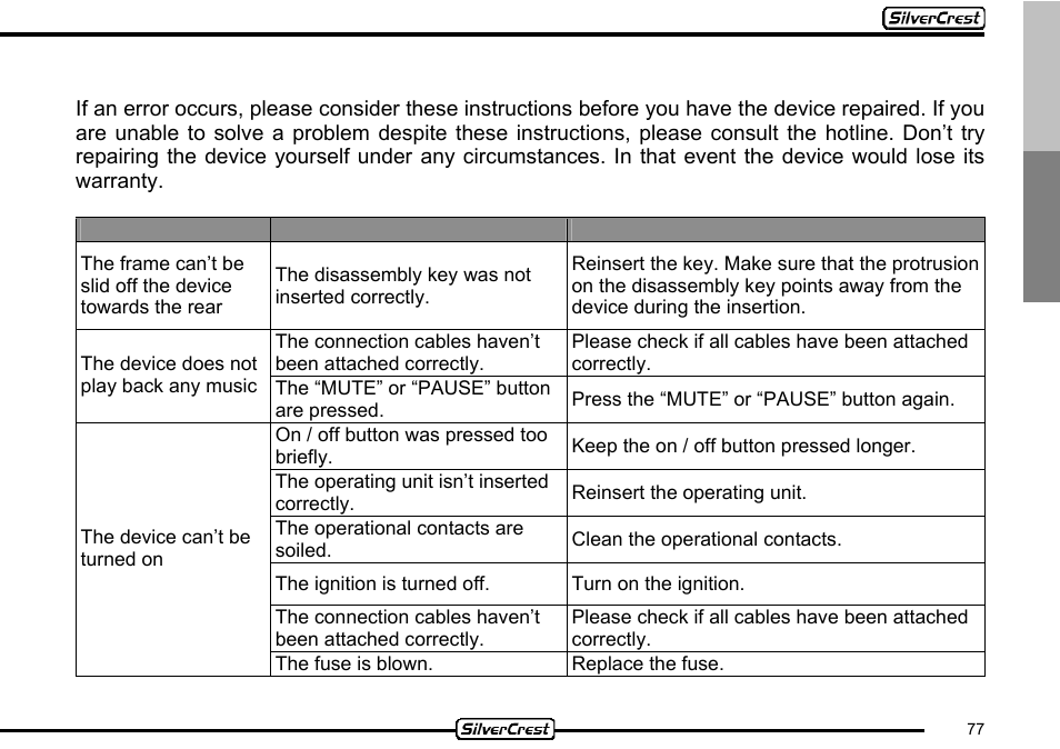 27 troubleshooting | Silvercrest CDV-710 User Manual | Page 77 / 79