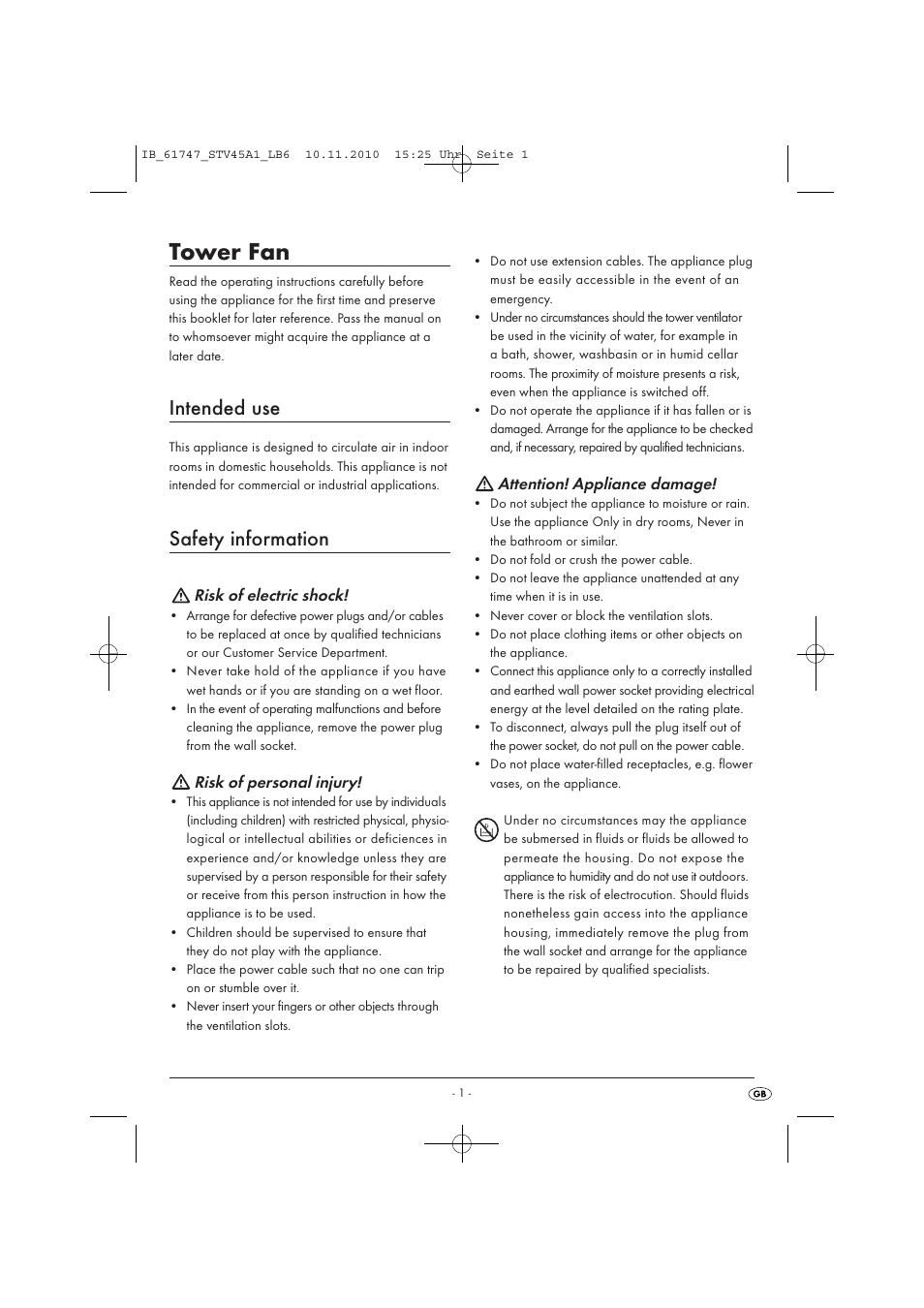 Tower fan, Intended use, Safety information | Silvercrest STV 45 A1 User Manual | Page 3 / 5