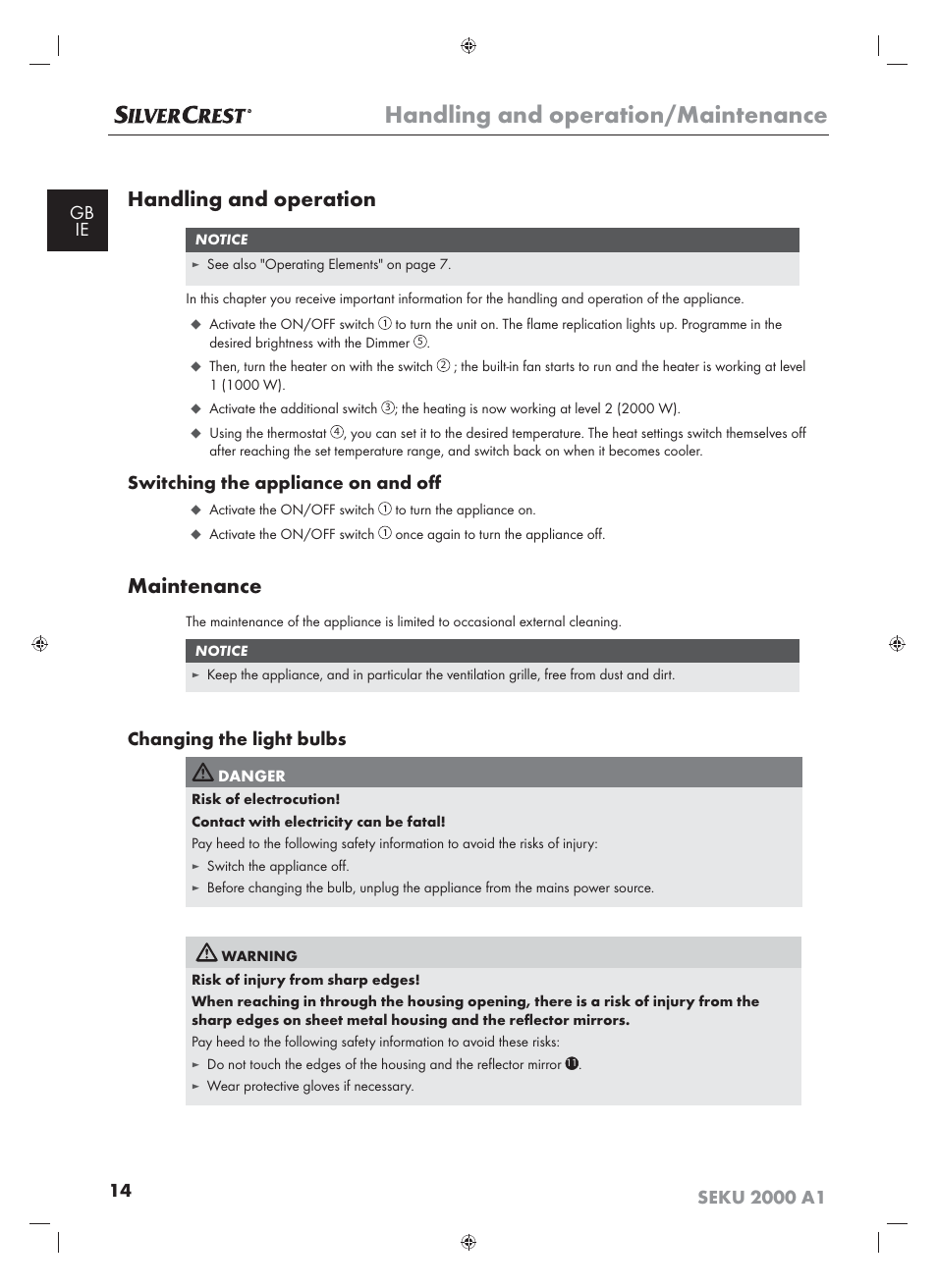 Handling and operation/maintenance, Handling and operation, Maintenance | Switching the appliance on and oﬀ, Changing the light bulbs | Silvercrest SEKU 2000 A16 User Manual | Page 15 / 19