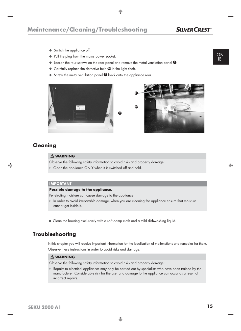 Maintenance/cleaning/troubleshooting, Cleaning, Troubleshooting | Silvercrest SEKU 2000 A16 User Manual | Page 16 / 19