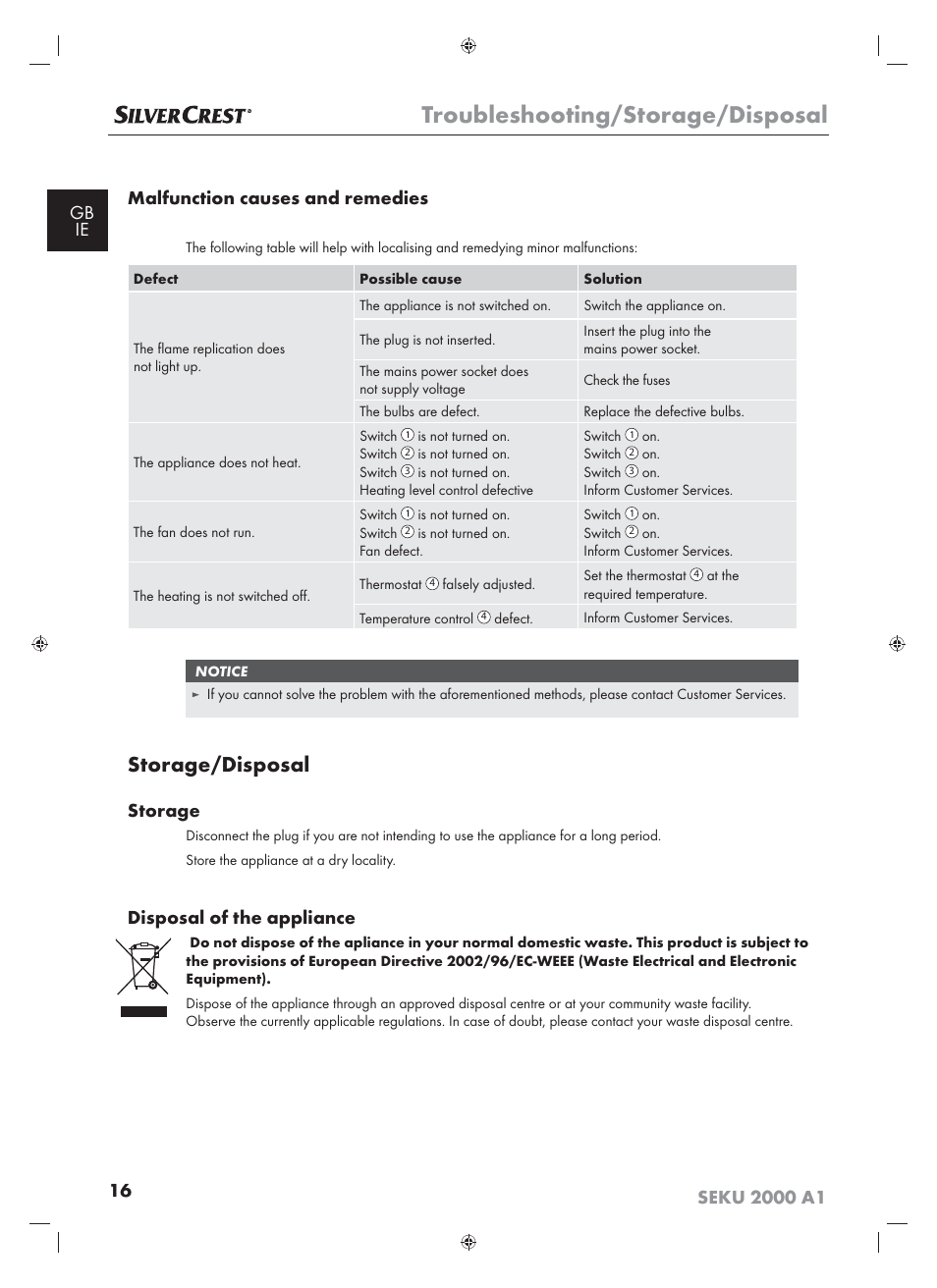Troubleshooting/storage/disposal, Storage/disposal, Storage | Disposal of the appliance | Silvercrest SEKU 2000 A16 User Manual | Page 17 / 19
