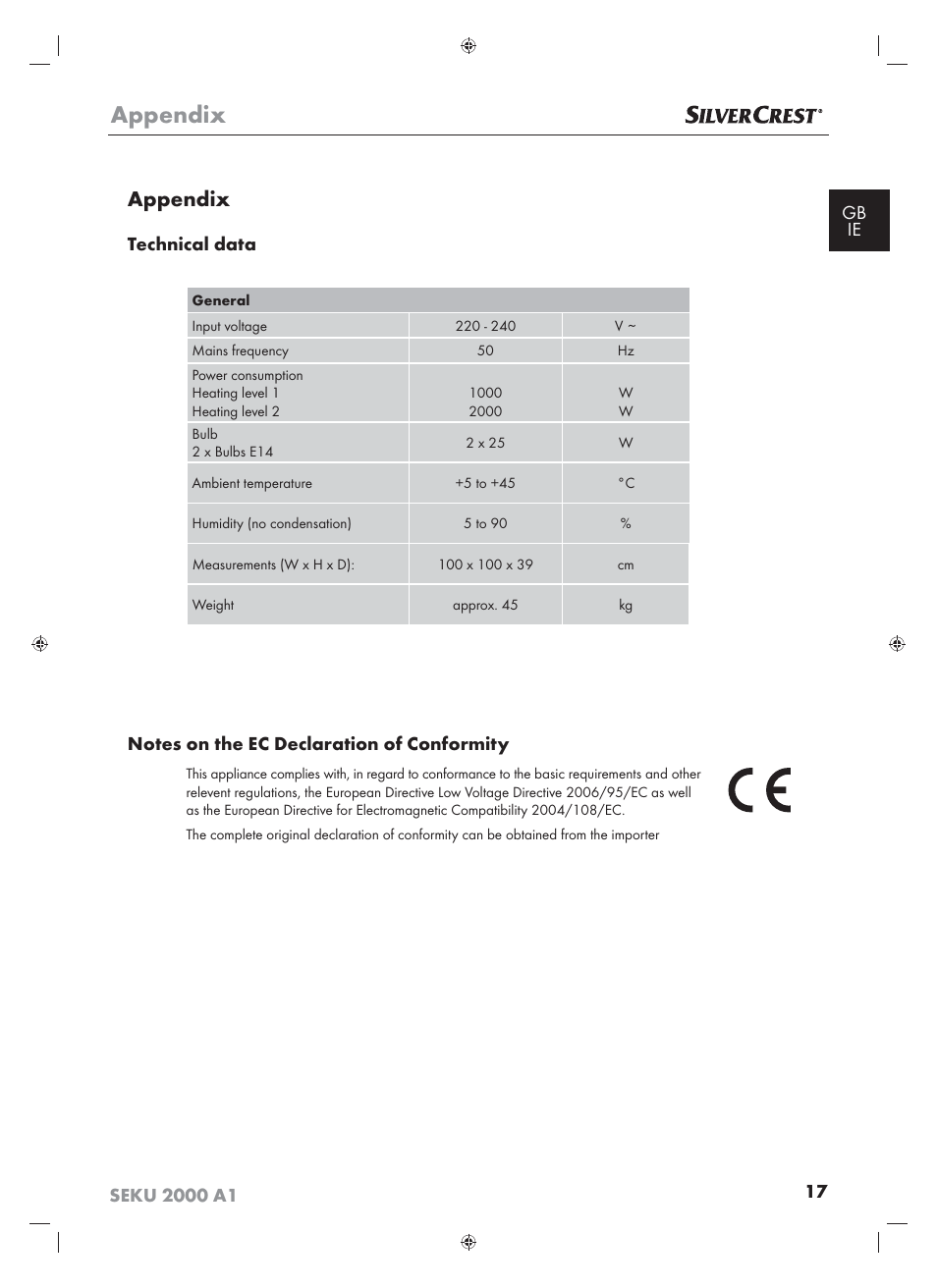 Appendix, Technical data | Silvercrest SEKU 2000 A16 User Manual | Page 18 / 19