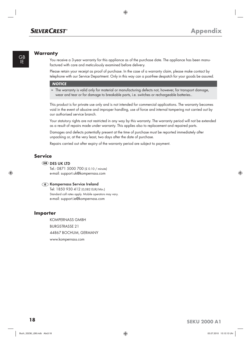 Appendix, Service, Importer | Silvercrest SEKU 2000 A16 User Manual | Page 19 / 19