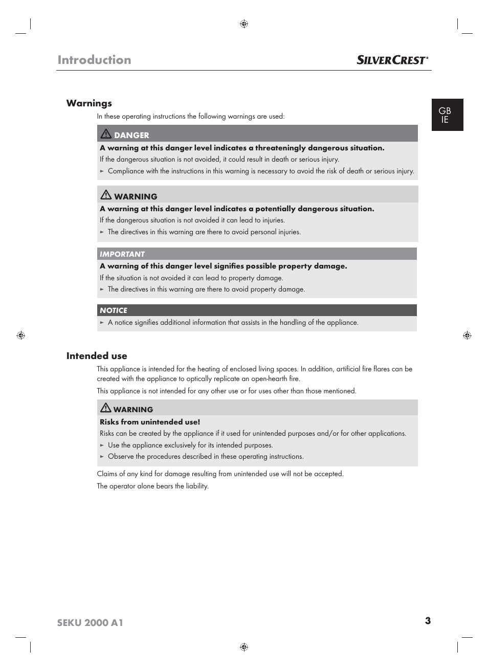 Introduction, Intended use | Silvercrest SEKU 2000 A16 User Manual | Page 4 / 19
