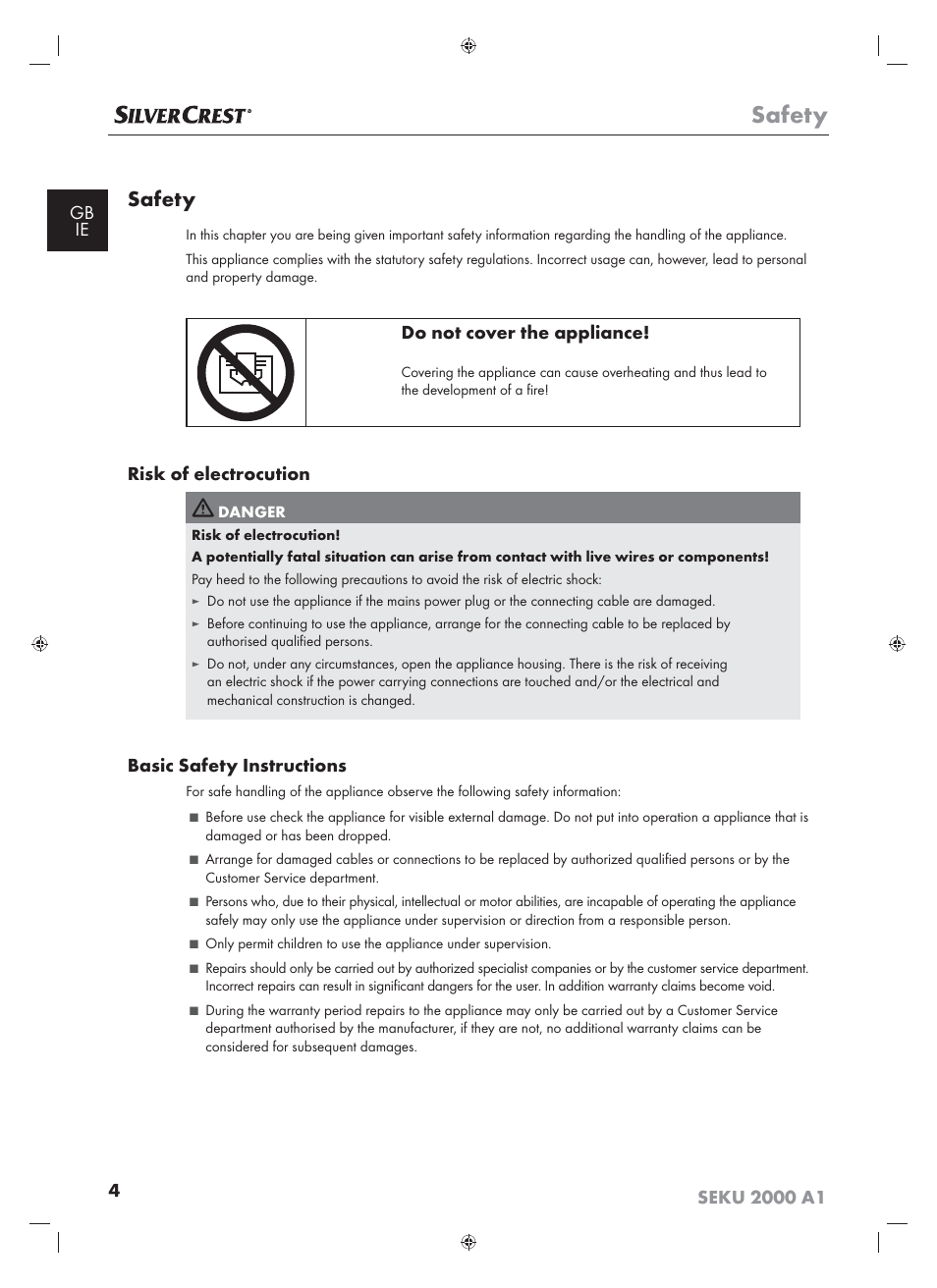 Safety, Do not cover the appliance, Risk of electrocution | Basic safety instructions | Silvercrest SEKU 2000 A16 User Manual | Page 5 / 19