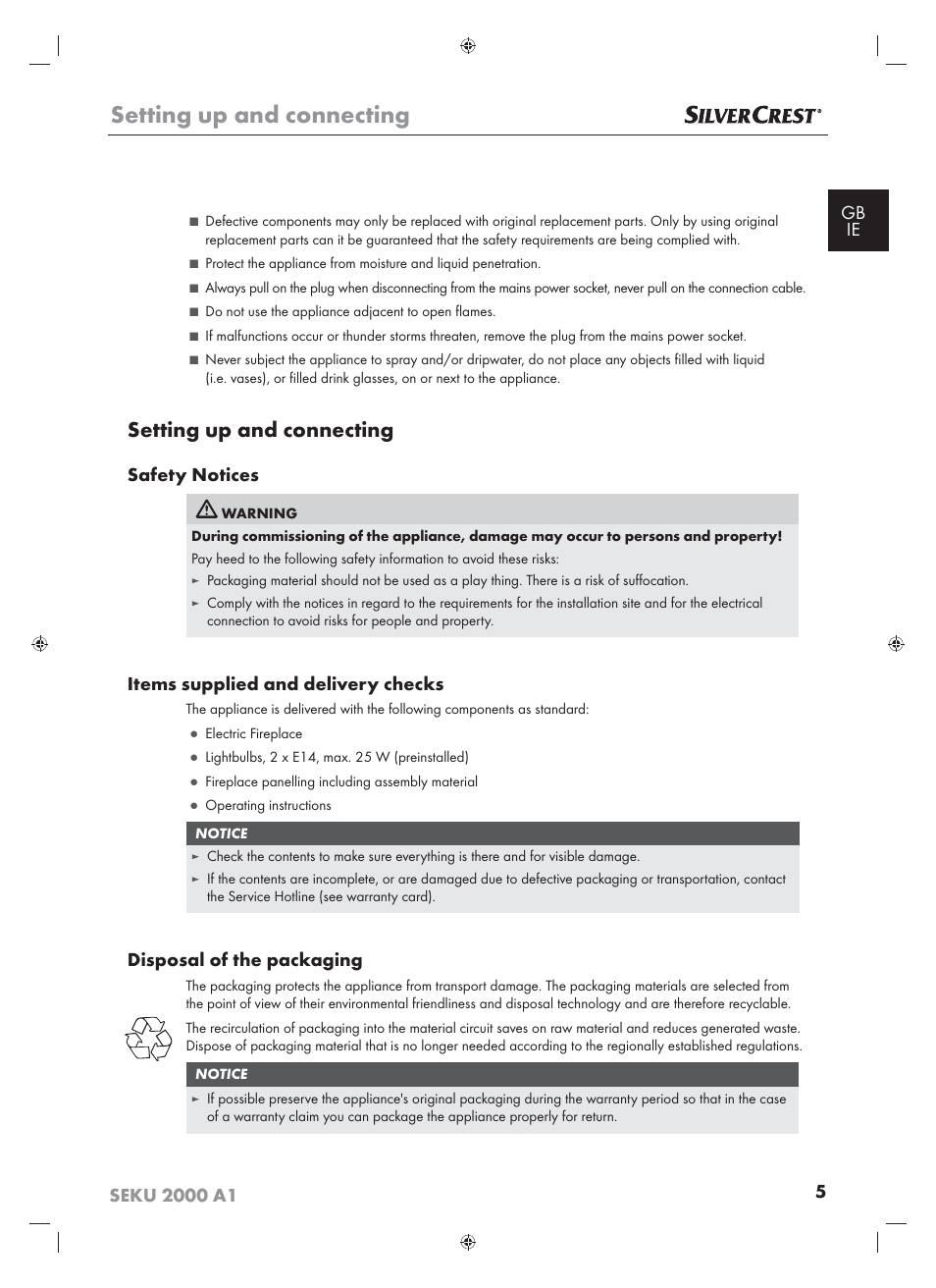 Setting up and connecting, Safety notices, Items supplied and delivery checks | Disposal of the packaging | Silvercrest SEKU 2000 A16 User Manual | Page 6 / 19