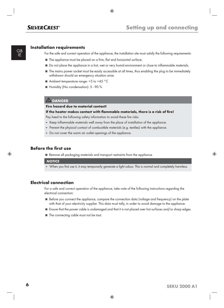 Setting up and connecting, Before the ﬁ rst use, Electrical connection | Silvercrest SEKU 2000 A16 User Manual | Page 7 / 19