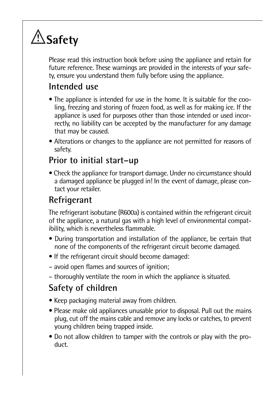 Safety, Intended use, Prior to initial start–up | Refrigerant, Safety of children | Santoni Shoes C 8 16 41 I User Manual | Page 4 / 28