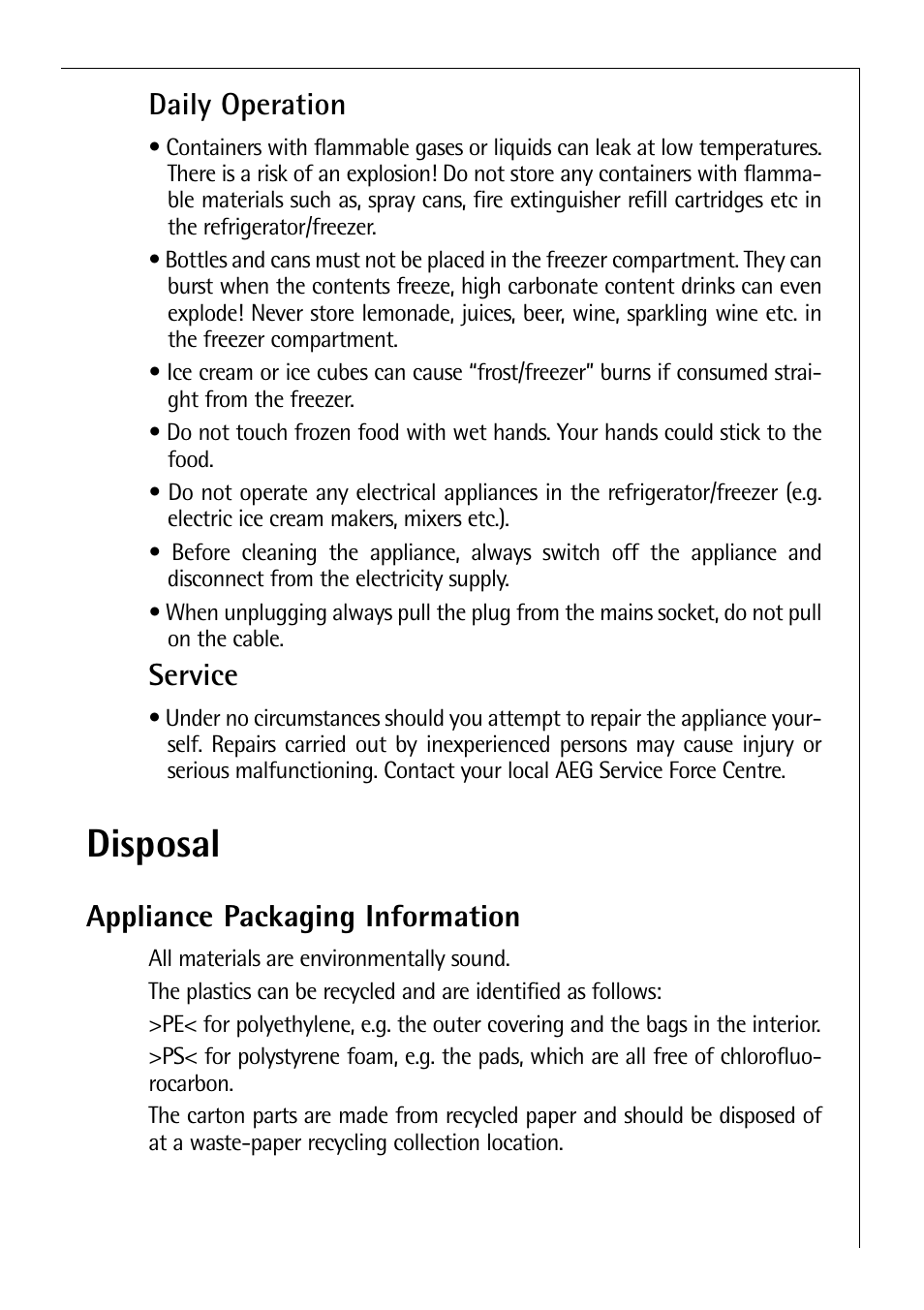 Disposal, Daily operation, Service | Appliance packaging information | Santoni Shoes C 8 16 41 I User Manual | Page 5 / 28