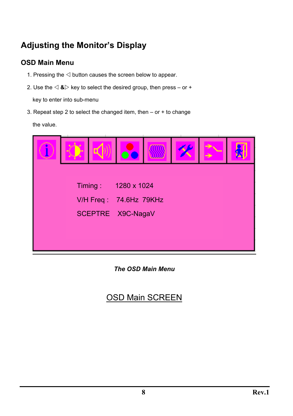 Adjusting the monitor’s display, Osd main screen | Sceptre Technologies LCD Monitor X9C-NagaV User Manual | Page 12 / 22