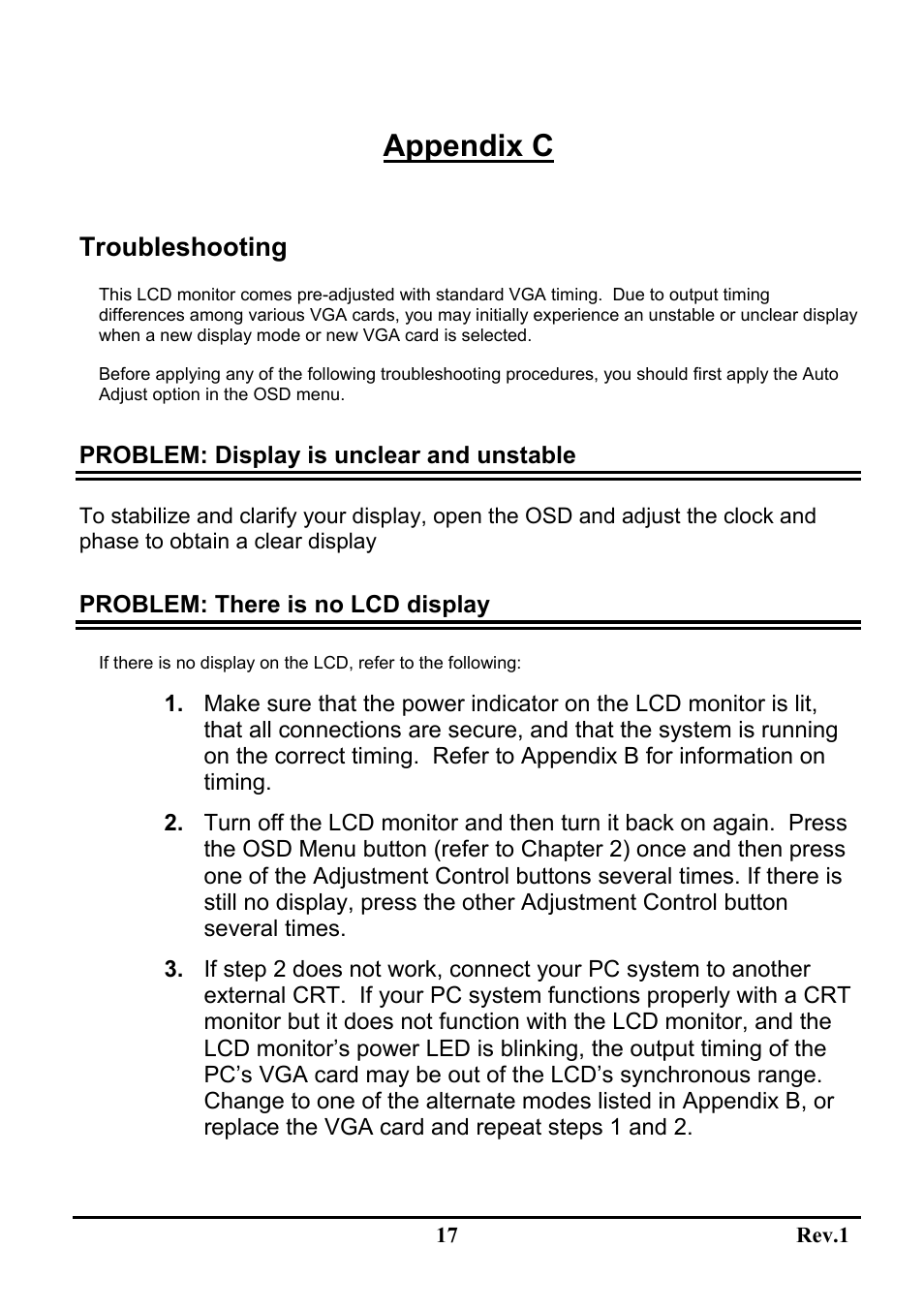 Appendix c, Troubleshooting | Sceptre Technologies LCD Monitor X9C-NagaV User Manual | Page 21 / 22