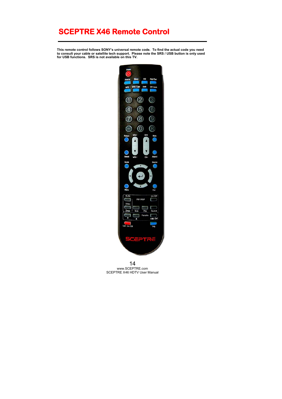 Sceptre x46 remote control | Sceptre Technologies X46 User Manual | Page 14 / 53