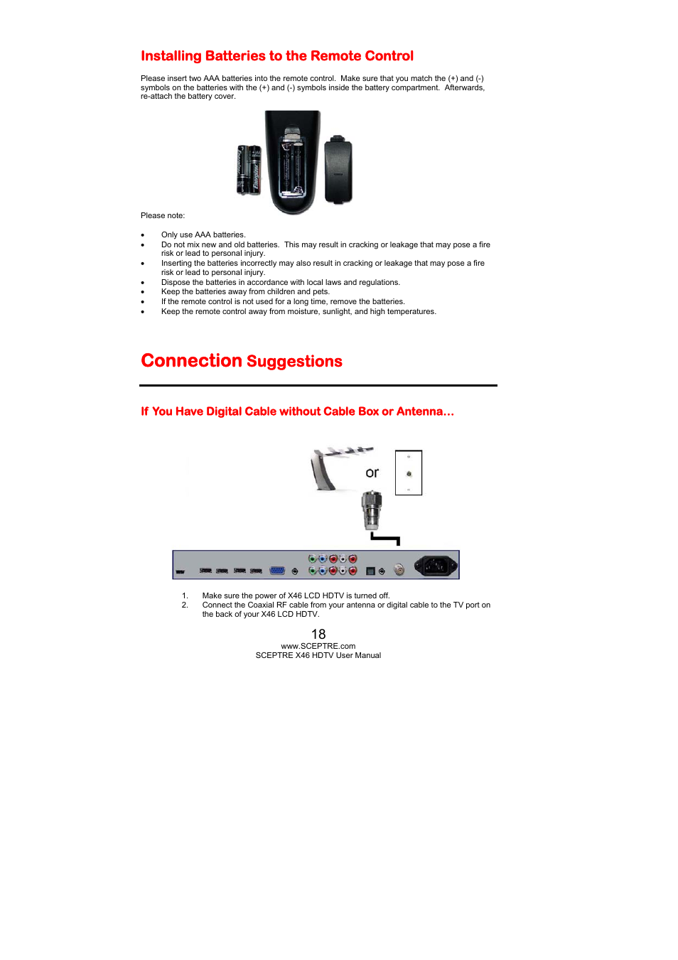 Connection, Suggestions, Installing batteries to the remote control | Sceptre Technologies X46 User Manual | Page 18 / 53