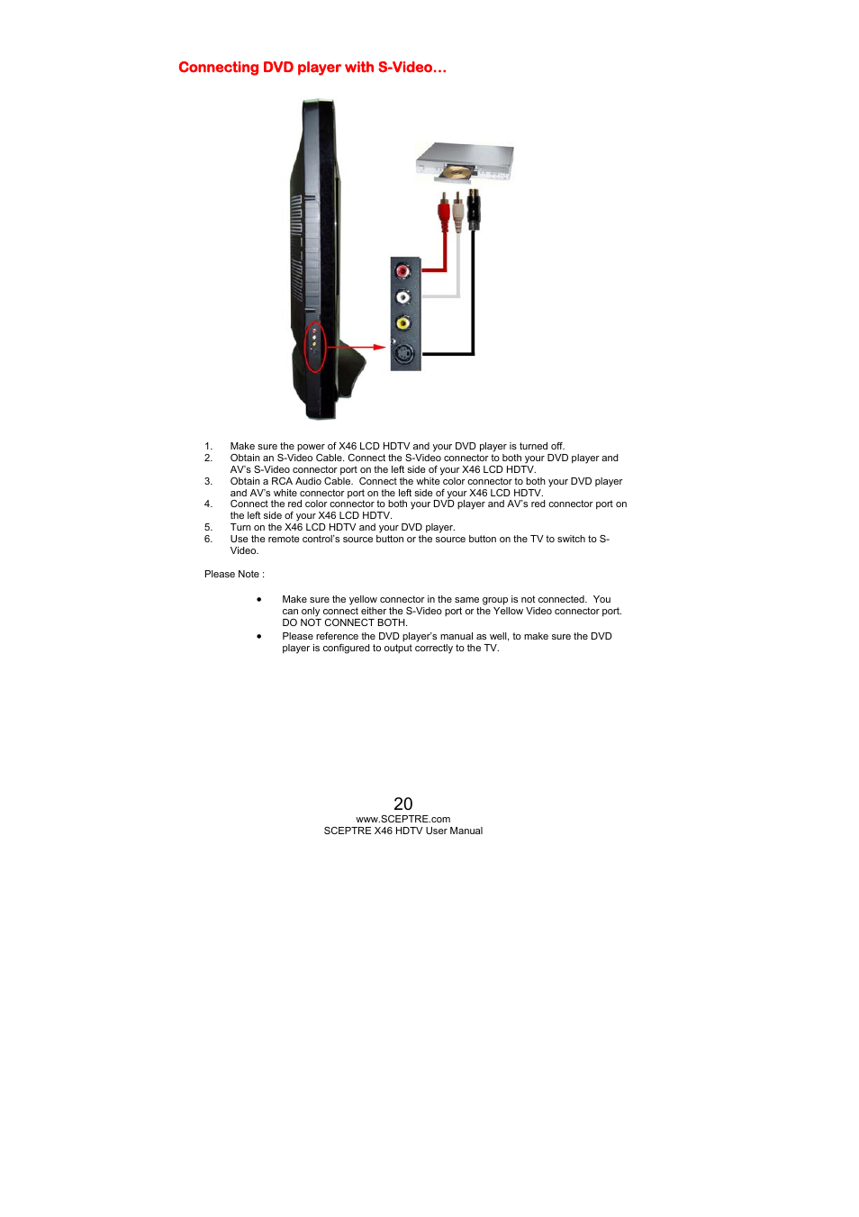 Connecting dvd player with s-video | Sceptre Technologies X46 User Manual | Page 20 / 53