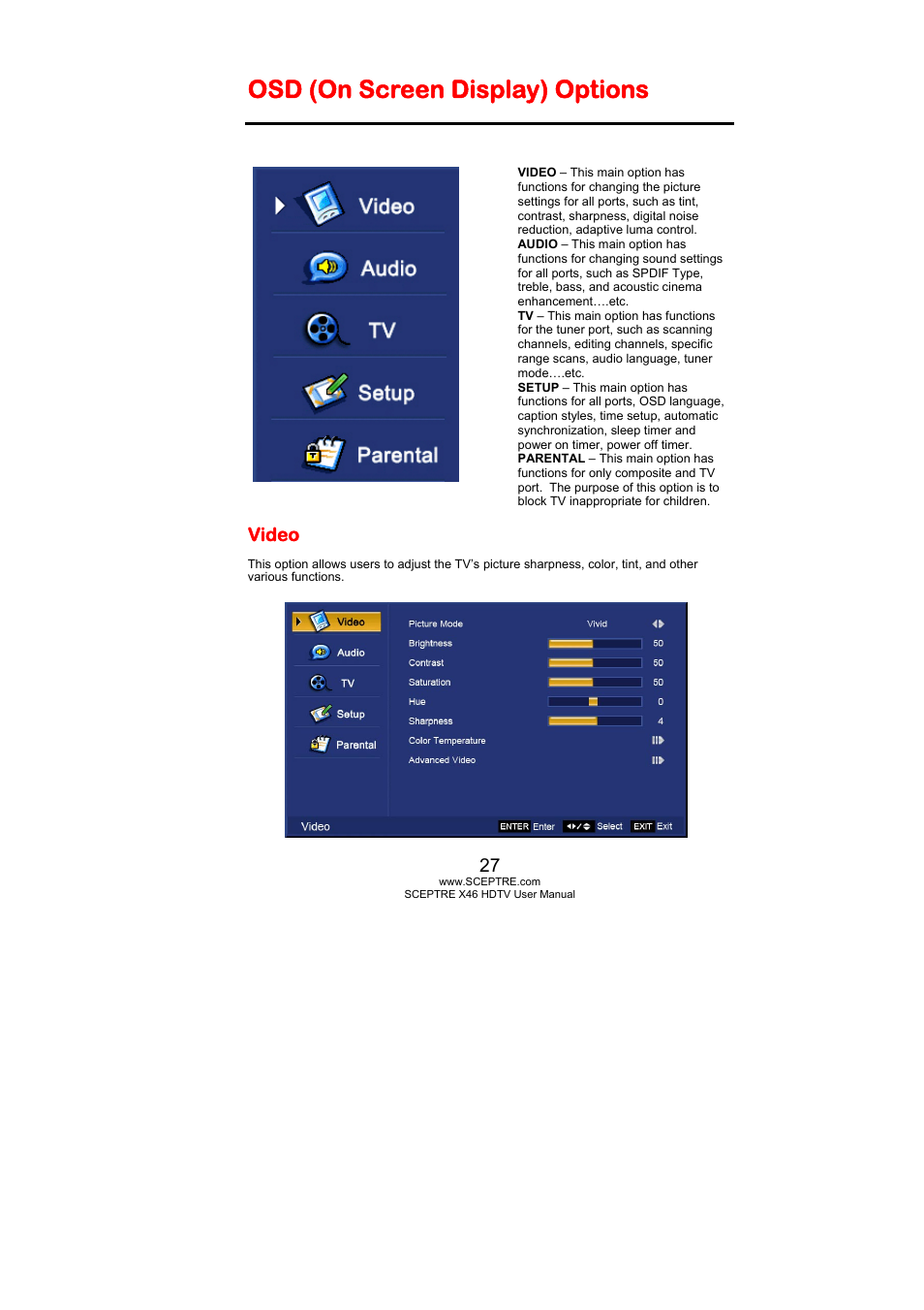 Osd (on screen display) options, Video | Sceptre Technologies X46 User Manual | Page 27 / 53
