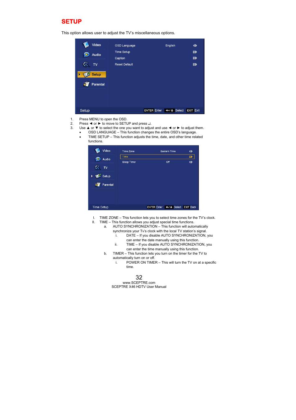 Setup | Sceptre Technologies X46 User Manual | Page 32 / 53