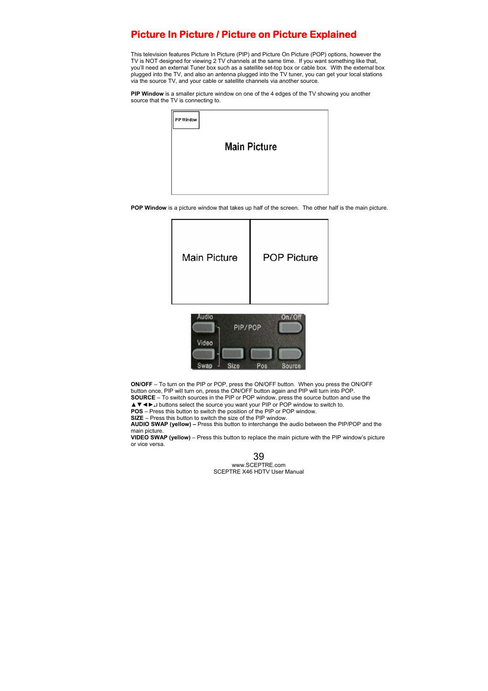 Picture in picture / picture on picture explained | Sceptre Technologies X46 User Manual | Page 39 / 53
