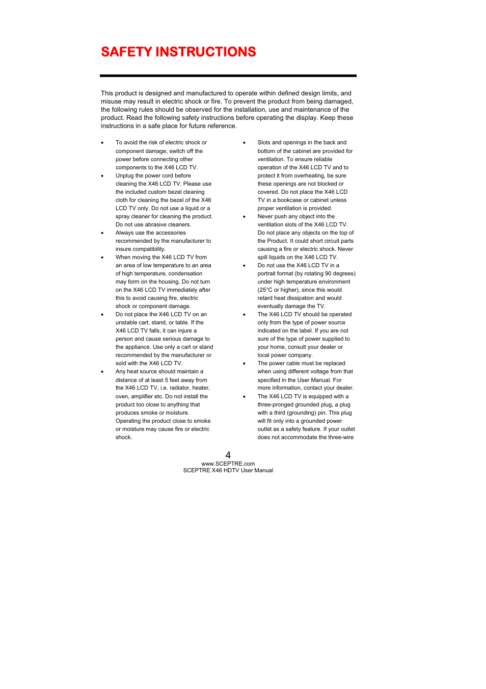 Safety instructions | Sceptre Technologies X46 User Manual | Page 4 / 53