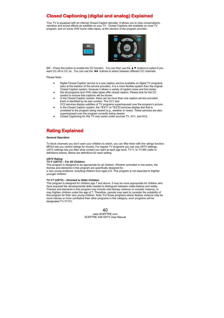 Closed captioning (digital and analog) explained, Rating explained | Sceptre Technologies X46 User Manual | Page 40 / 53