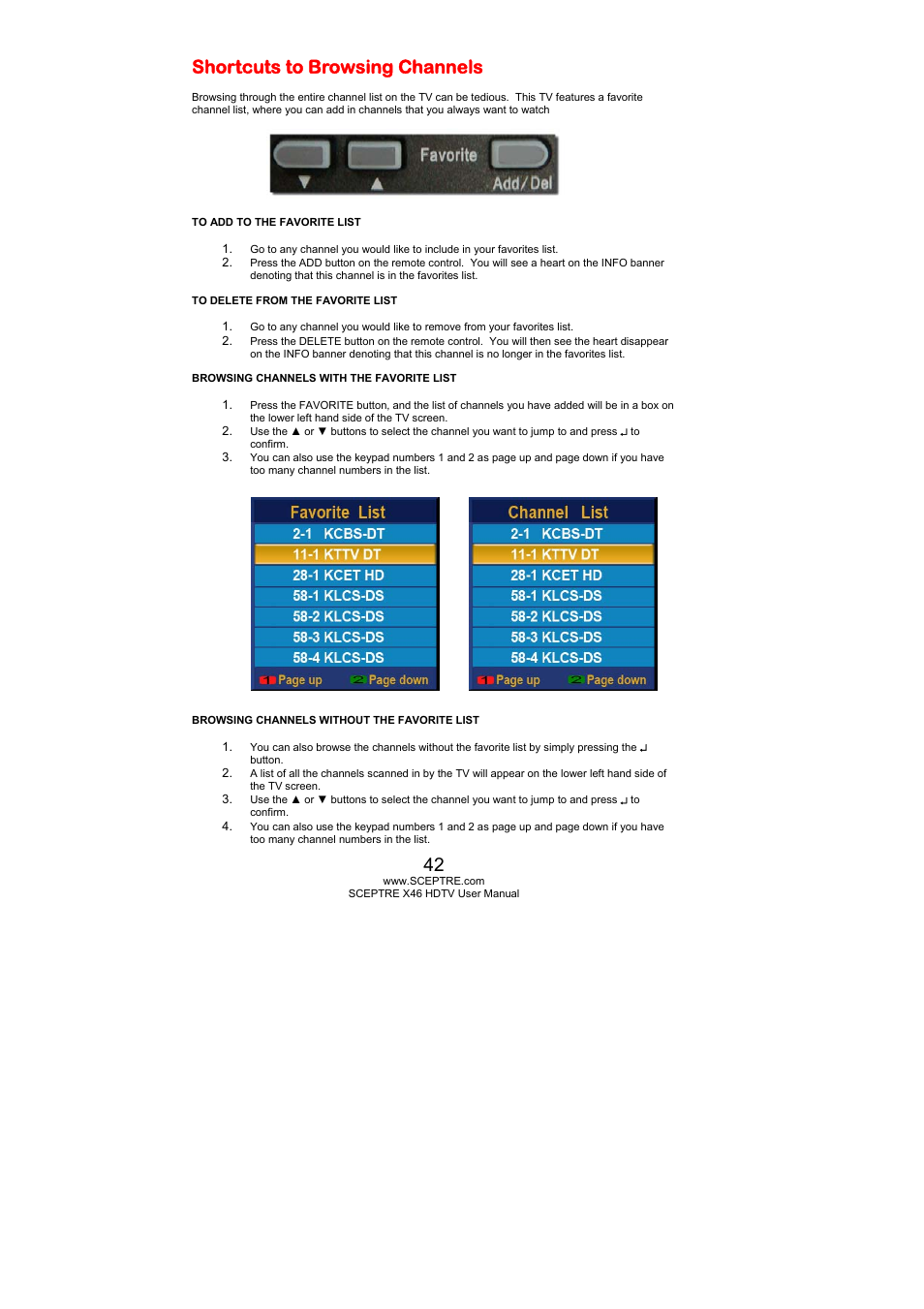 Shortcuts to browsing channels | Sceptre Technologies X46 User Manual | Page 42 / 53