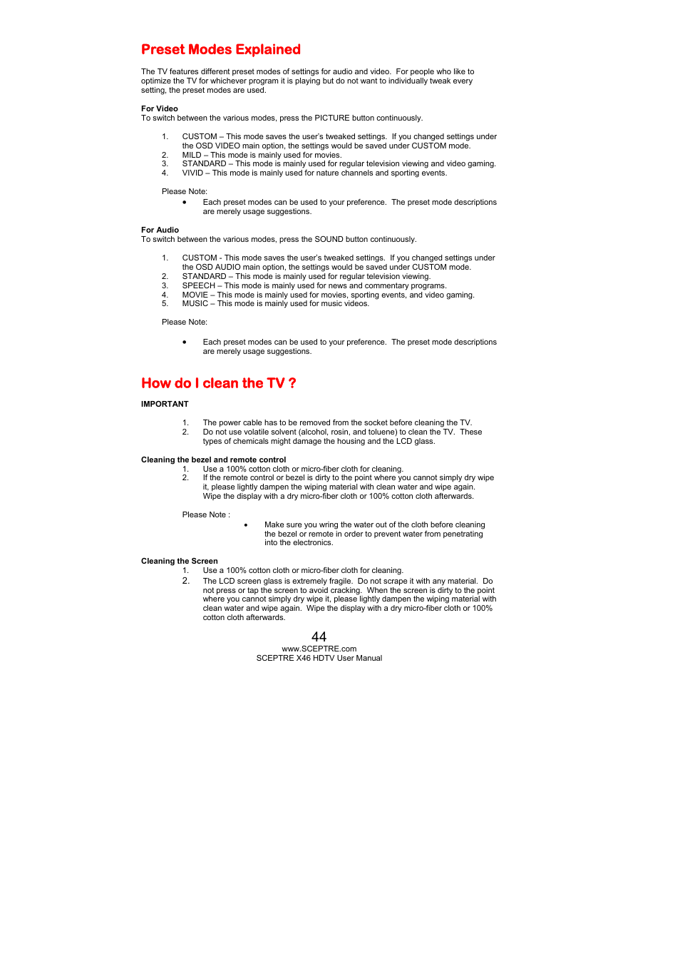 Preset modes explained, How do i clean the tv | Sceptre Technologies X46 User Manual | Page 44 / 53