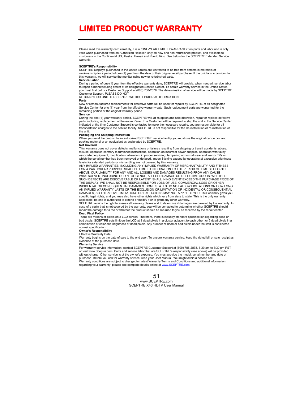 Limited product warranty | Sceptre Technologies X46 User Manual | Page 51 / 53