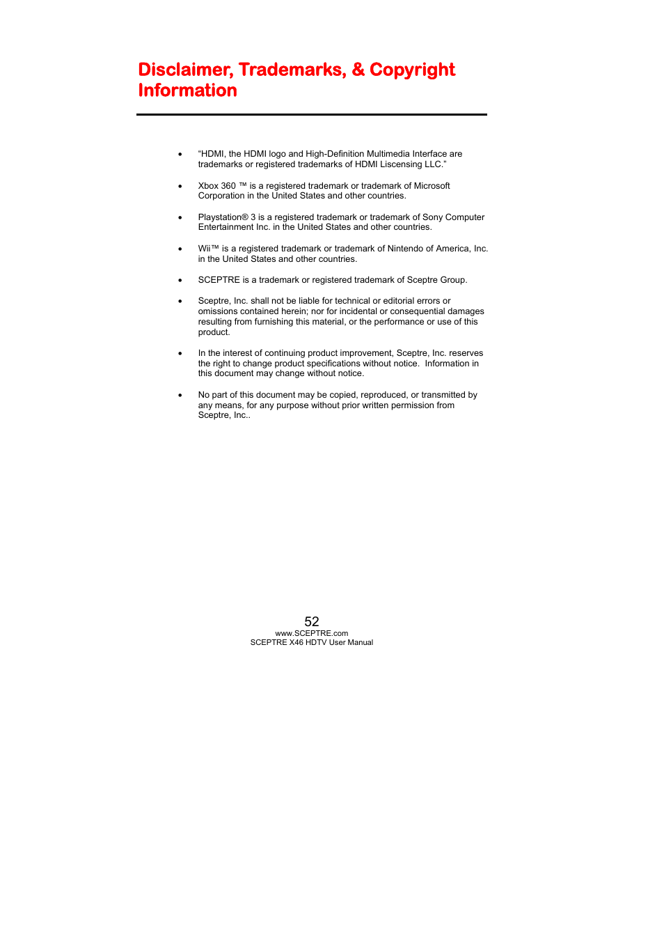 Disclaimer, trademarks, & copyright information | Sceptre Technologies X46 User Manual | Page 52 / 53