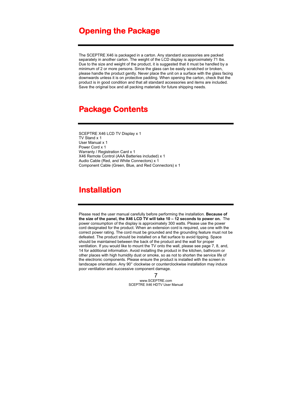 Opening the package, Package contents, Installation | Sceptre Technologies X46 User Manual | Page 7 / 53