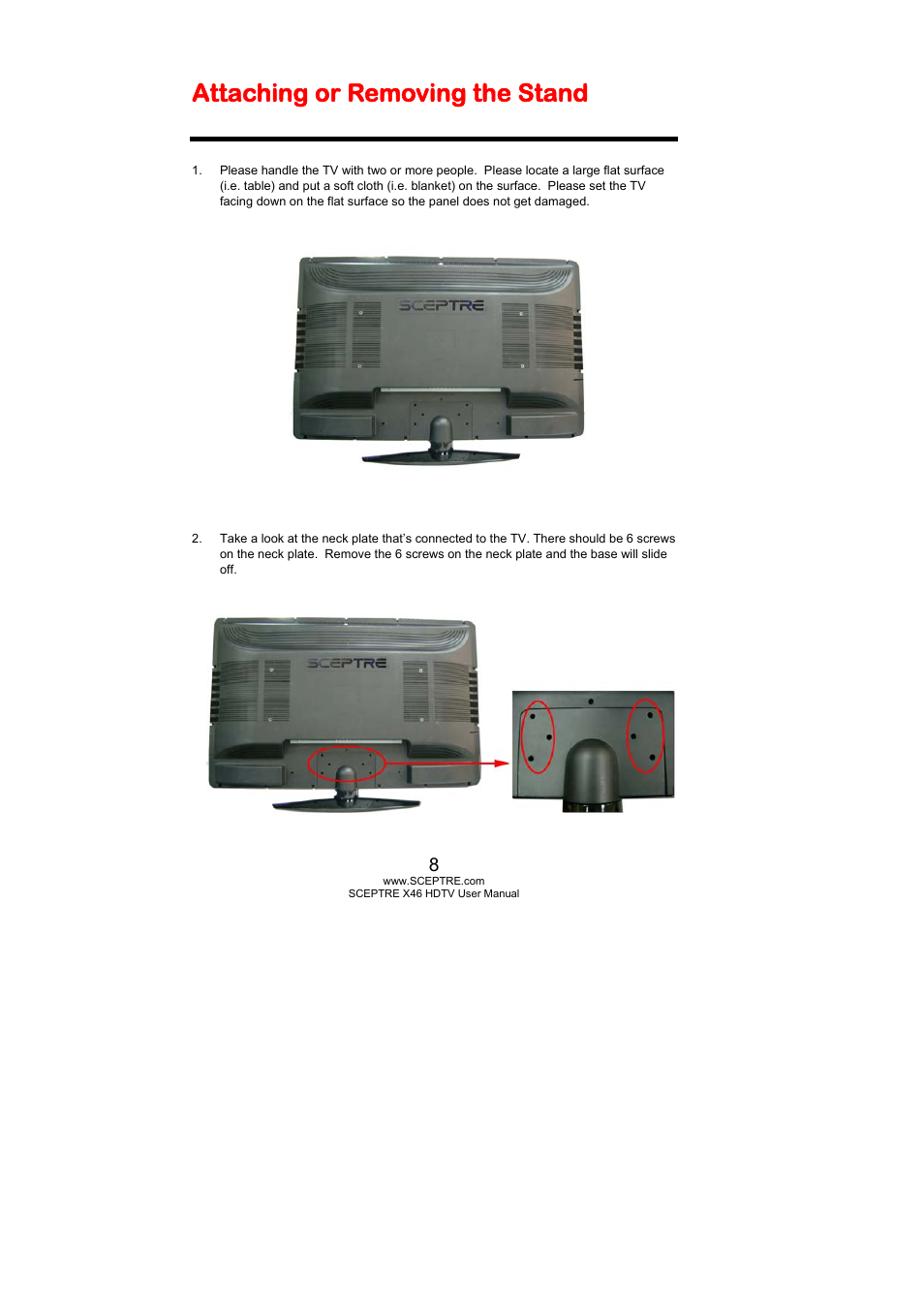 Attaching or removing the stand | Sceptre Technologies X46 User Manual | Page 8 / 53
