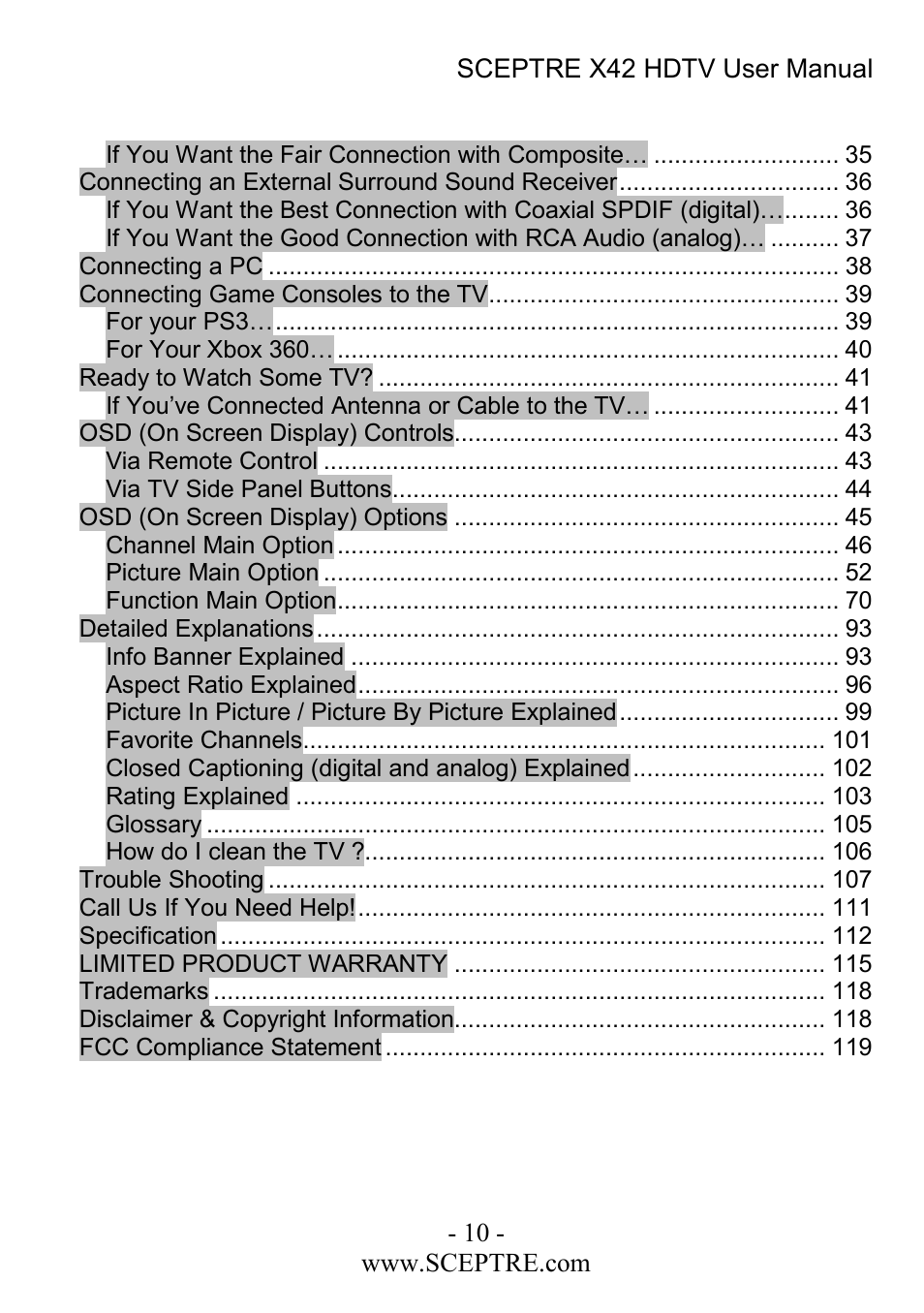 Sceptre Technologies X42 User Manual | Page 10 / 119