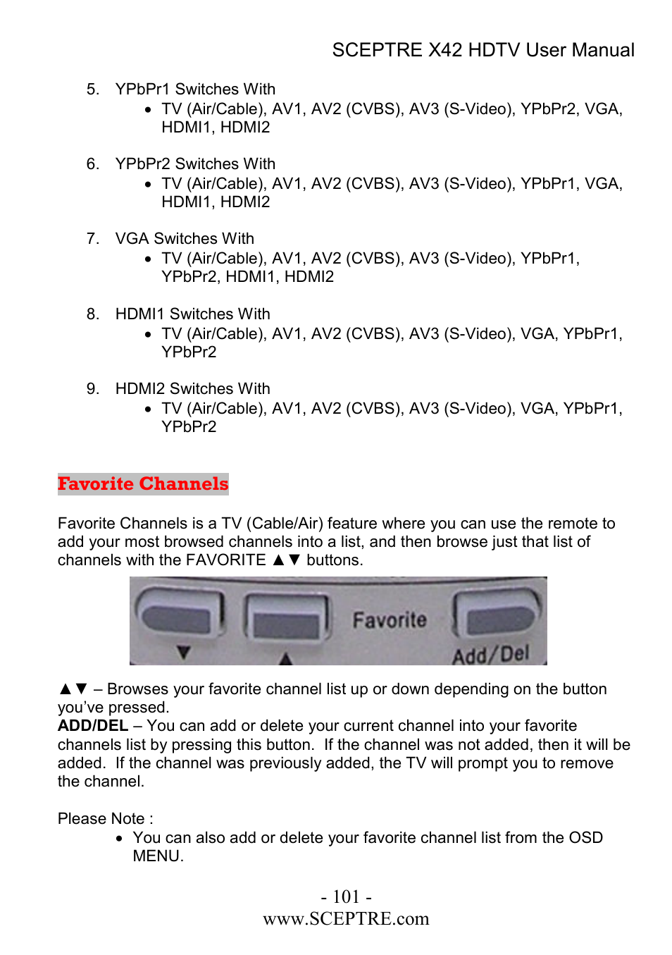 Favorite channels | Sceptre Technologies X42 User Manual | Page 101 / 119