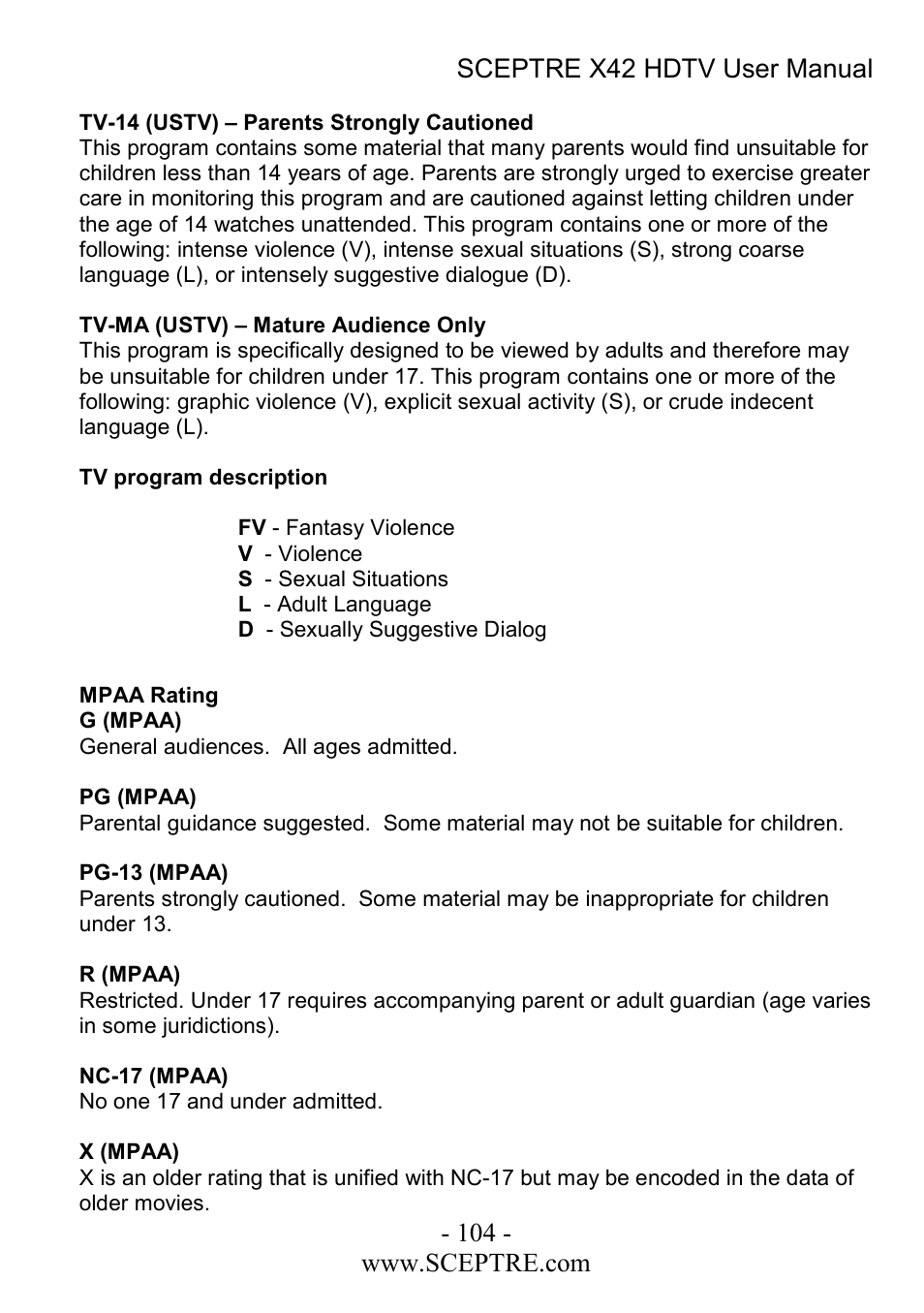 Sceptre Technologies X42 User Manual | Page 104 / 119
