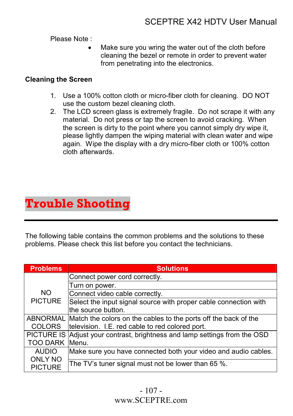Trouble shooting | Sceptre Technologies X42 User Manual | Page 107 / 119