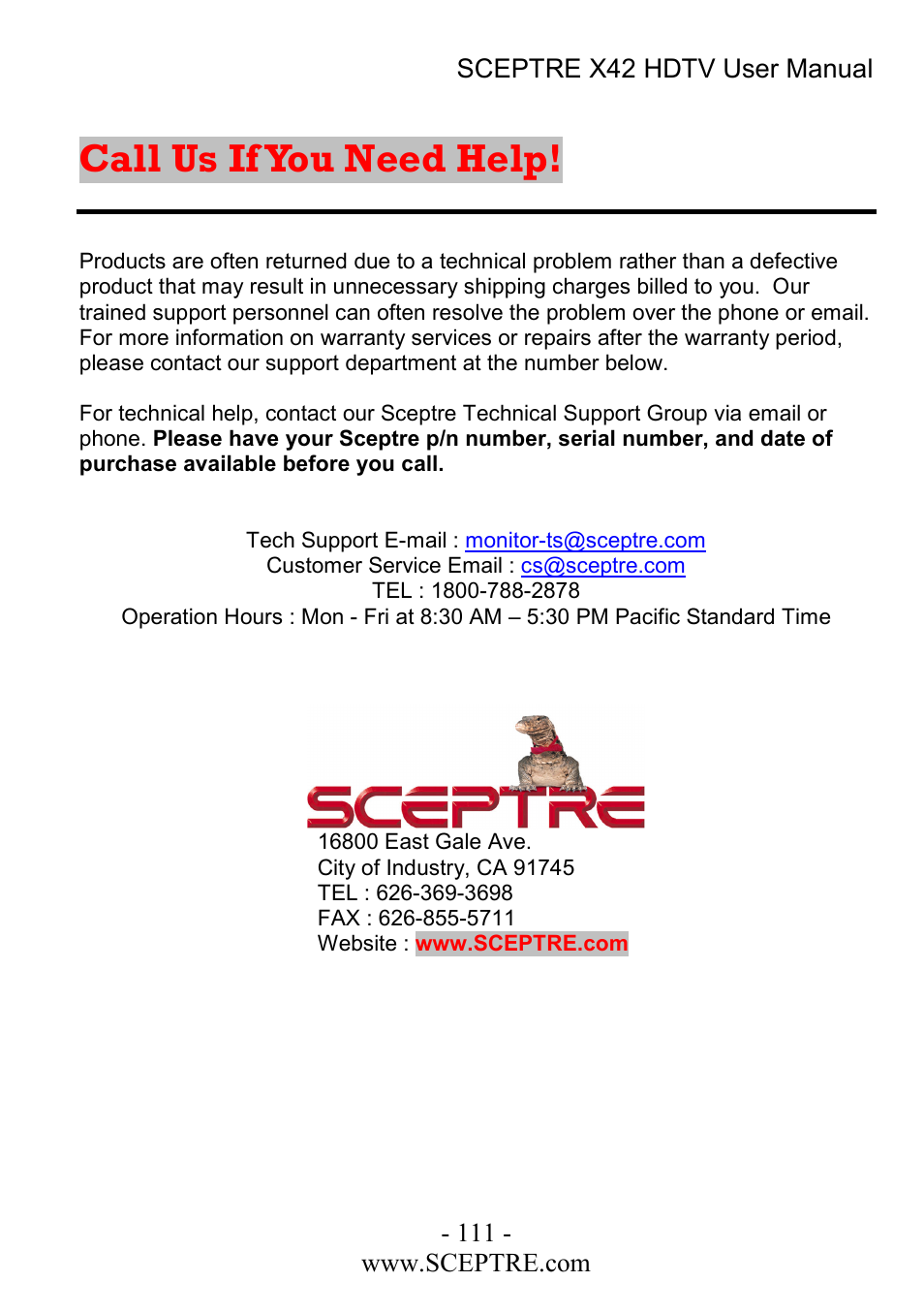 Call us if you need help | Sceptre Technologies X42 User Manual | Page 111 / 119