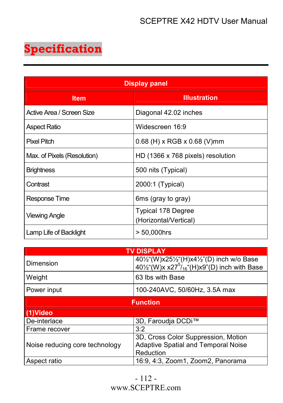 Specification | Sceptre Technologies X42 User Manual | Page 112 / 119