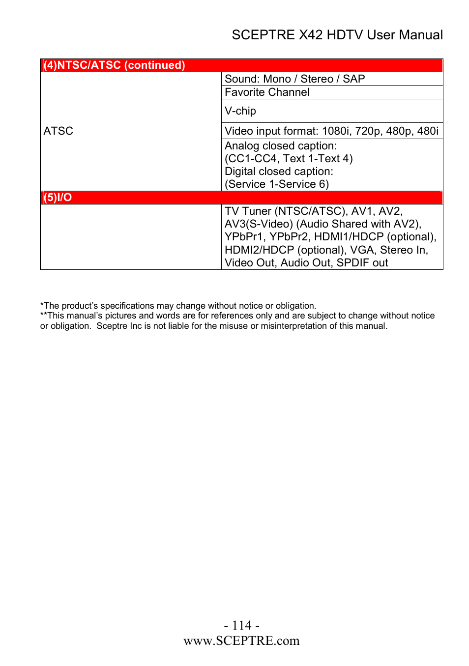 Sceptre Technologies X42 User Manual | Page 114 / 119