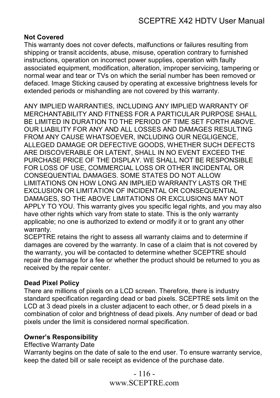 Sceptre Technologies X42 User Manual | Page 116 / 119