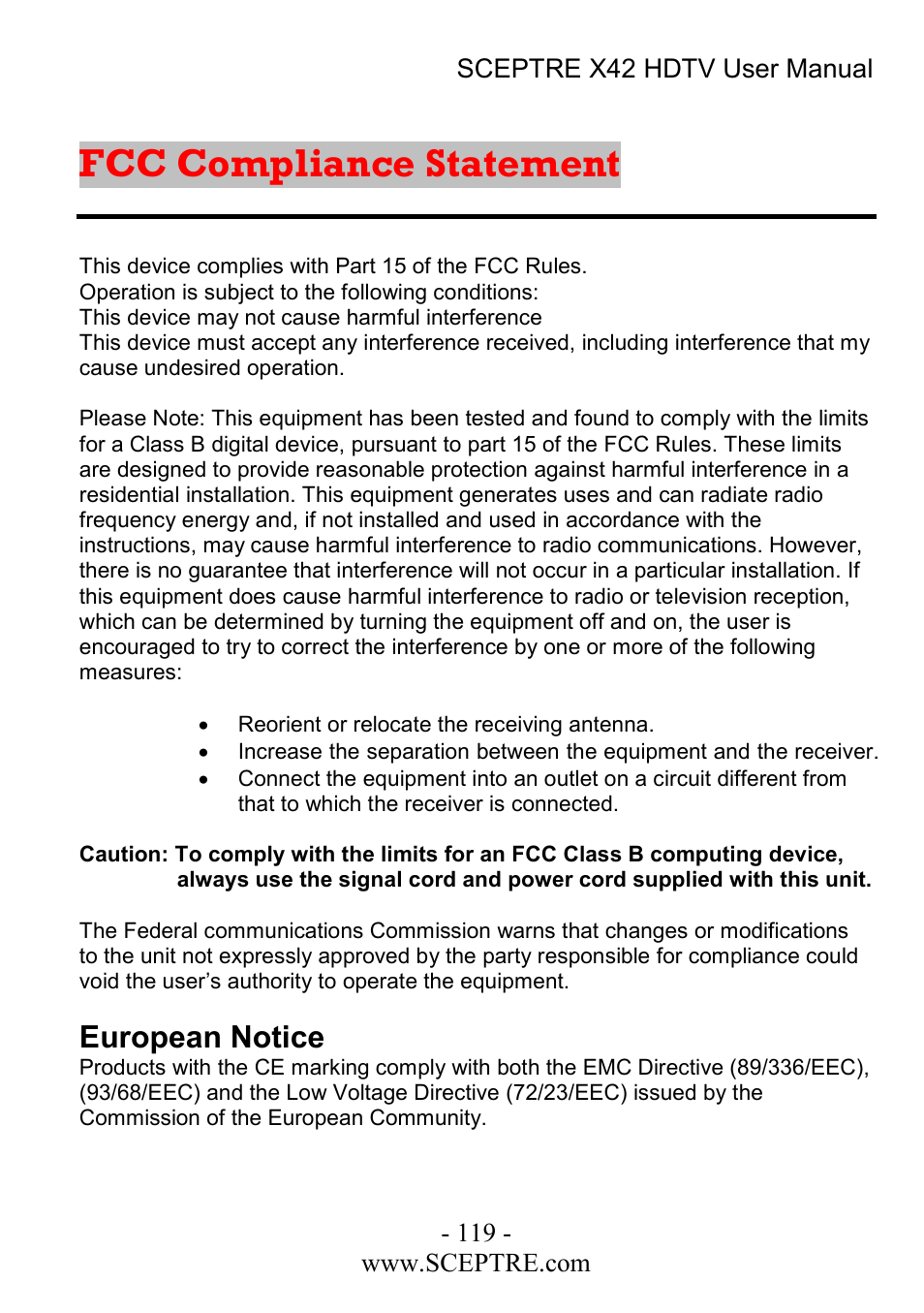 Fcc compliance statement, European notice | Sceptre Technologies X42 User Manual | Page 119 / 119