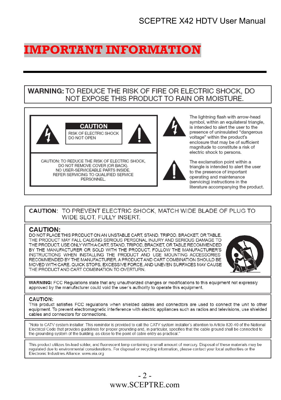 Important information | Sceptre Technologies X42 User Manual | Page 2 / 119