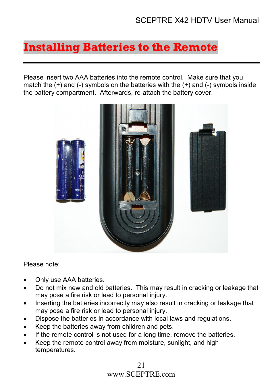 Installing batteries to the remote | Sceptre Technologies X42 User Manual | Page 21 / 119