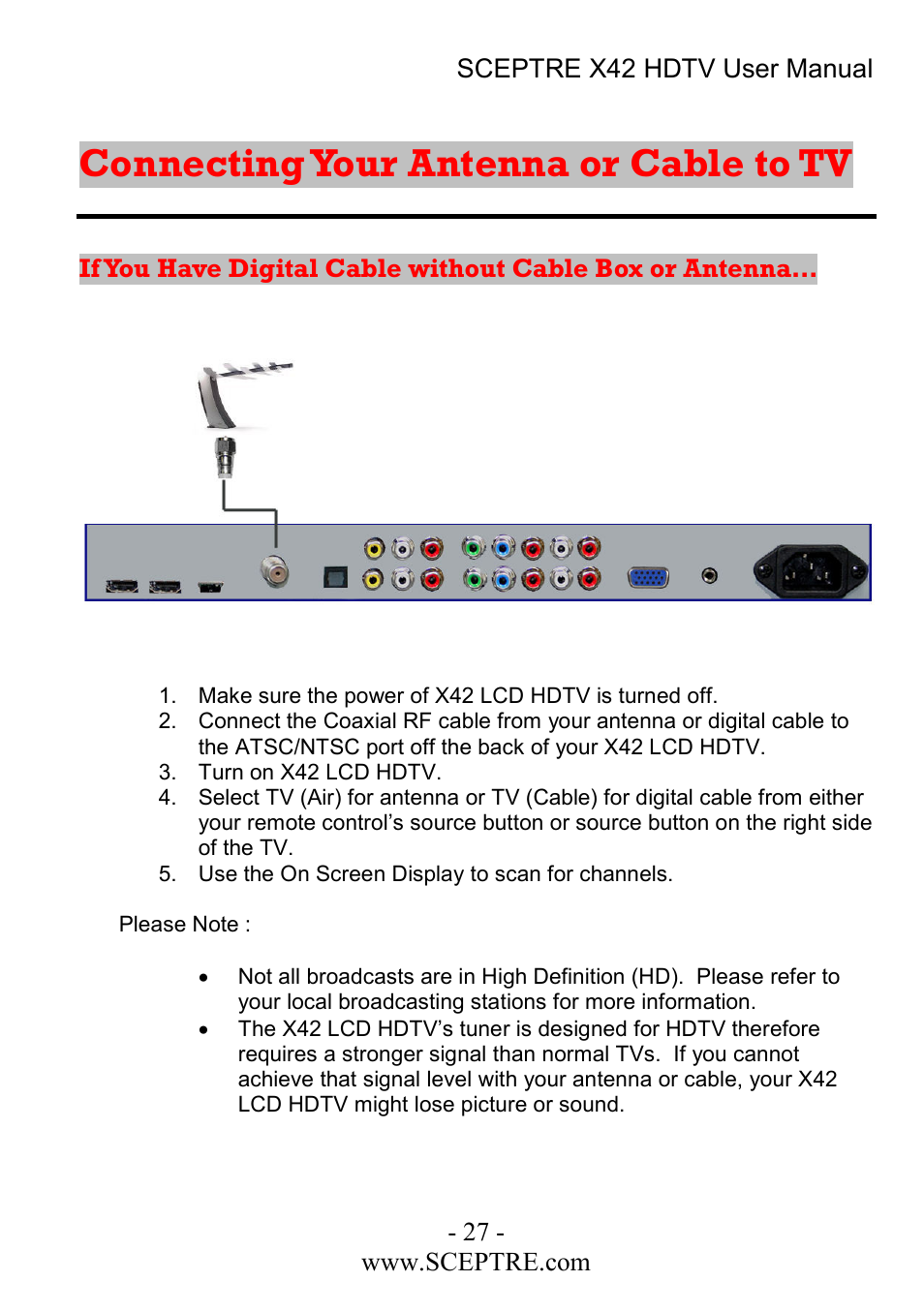 Connecting your antenna or cable to tv | Sceptre Technologies X42 User Manual | Page 27 / 119
