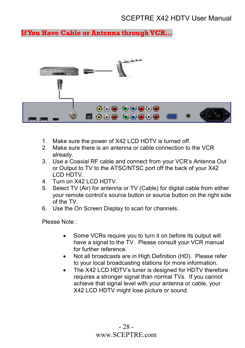 If you have cable or antenna through vcr | Sceptre Technologies X42 User Manual | Page 28 / 119