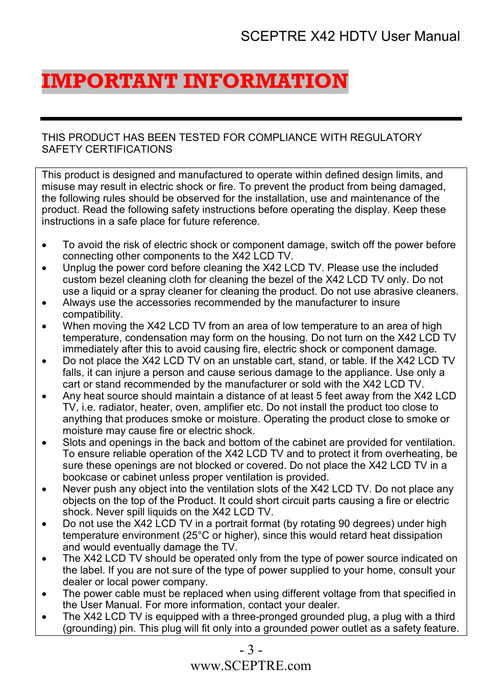 Important information | Sceptre Technologies X42 User Manual | Page 3 / 119