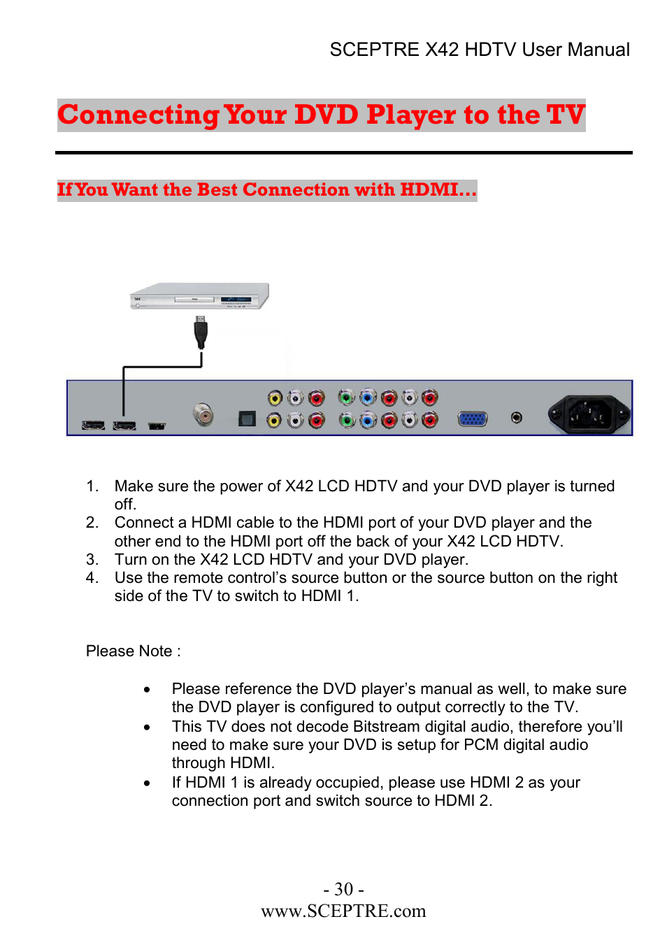 Connecting your dvd player to the tv, If you want the best connection with hdmi | Sceptre Technologies X42 User Manual | Page 30 / 119