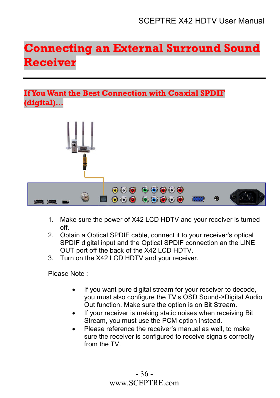 Connecting an external surround sound receiver | Sceptre Technologies X42 User Manual | Page 36 / 119